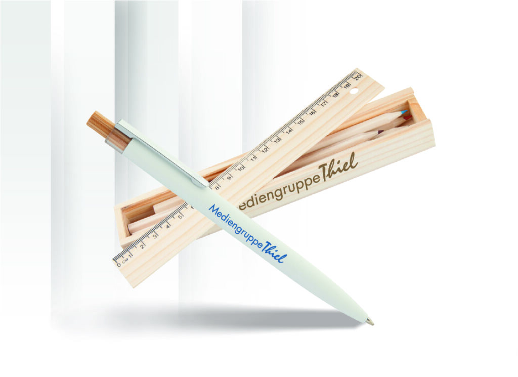 Kugelschreiber, Holzschachtel mit Bundstiften und Logo